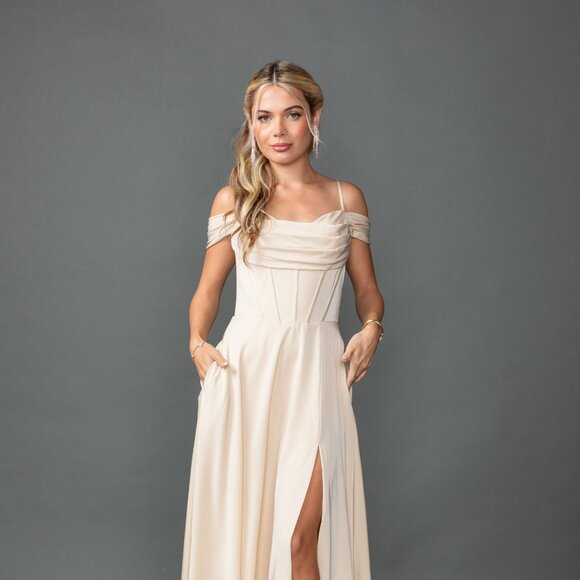 New Off the Shoulder Bridesmaid Chiffon Gown w/ Cowl Neck & Boned Bodice DQ 4539 - Picture 3 of 9